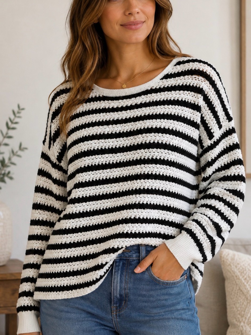 Blu Pepper Black & White Striped Crewneck Sweater